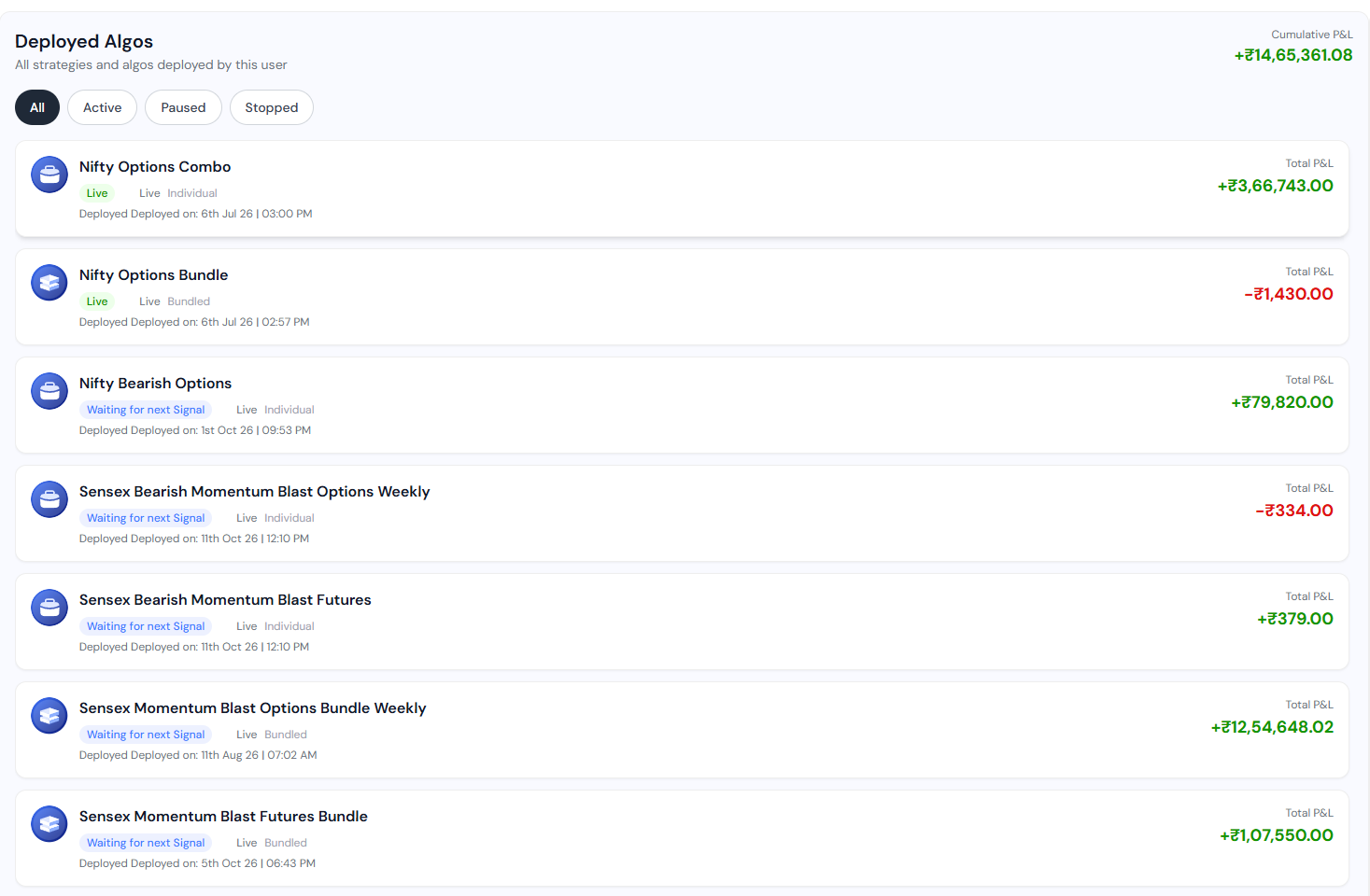 StrykeX Deployed Algos screen showing seven algos, their status and total P&L