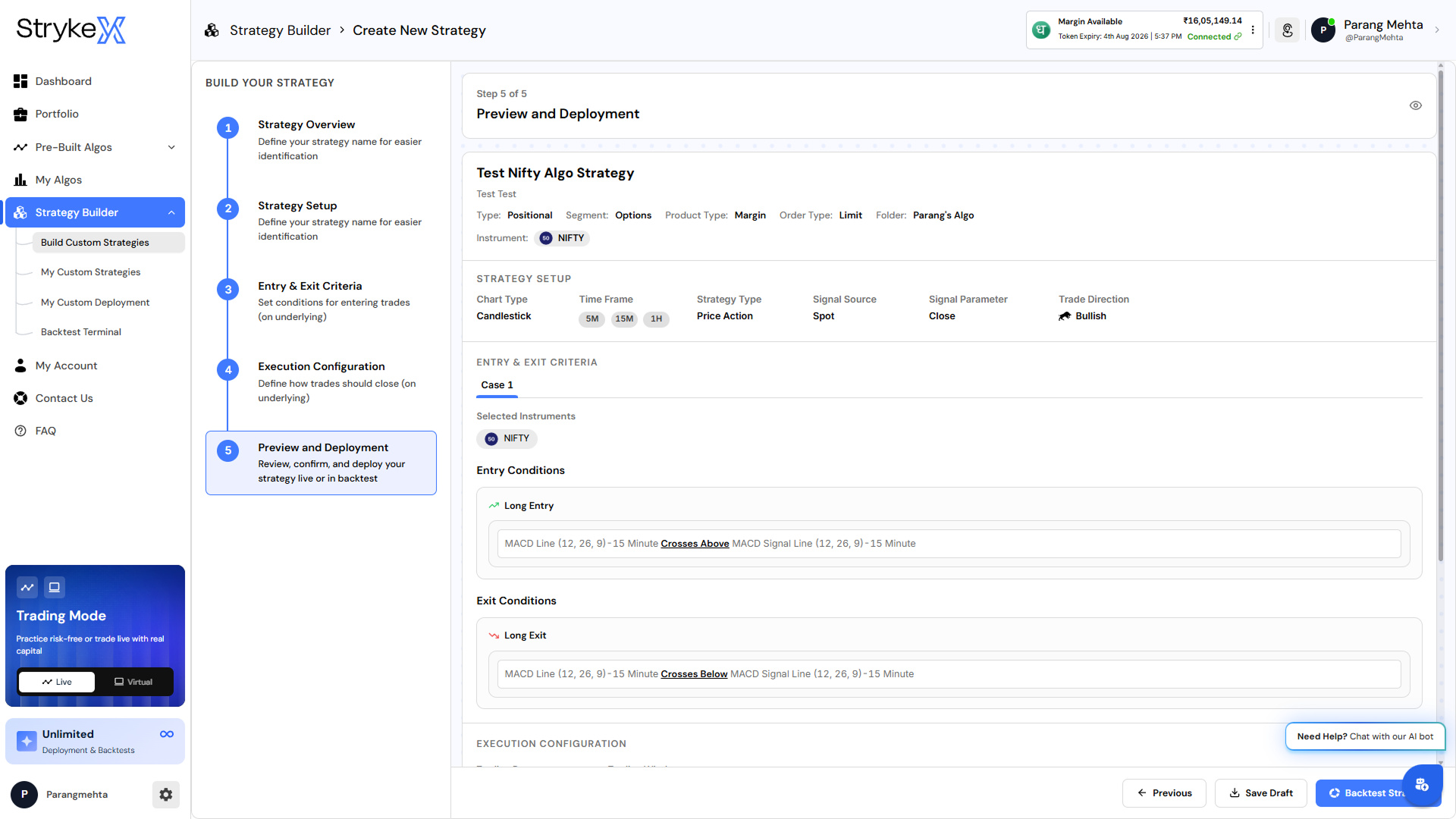 StrykeX Strategy Builder Step 5 Preview and Deployment screen summarizing the Test Nifty Algo Strategy with MACD crossover entry and exit conditions before backtesting or live deployment.