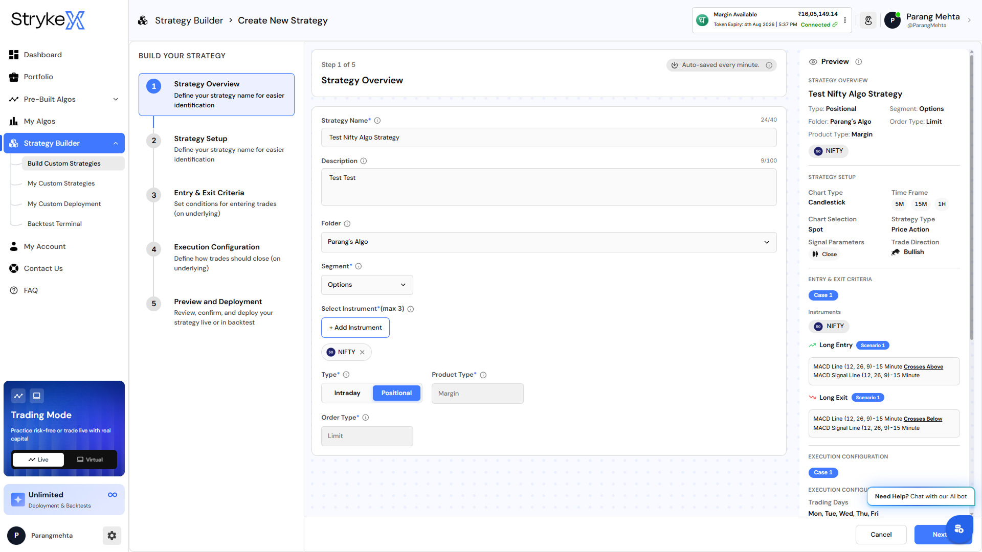 StrykeX Strategy Builder Step 1 Strategy Overview screen showing creation of a positional NIFTY options algo strategy with strategy name, description, folder, segment, instrument, and order type fields